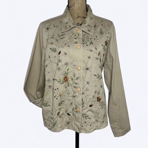 Tantrums Jackets & Blazers - Tantrums Embroidered Floral Khaki‎ Jacket Size XL Vintage Fall Cottagecore Boho